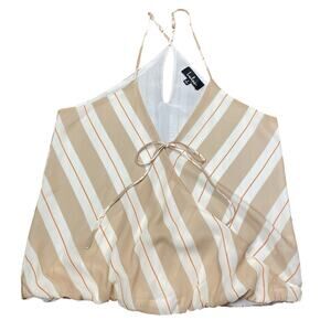 LuLu's Tan White Striped Spaghetti Strap Tank Top Criss Cross Womens Size S